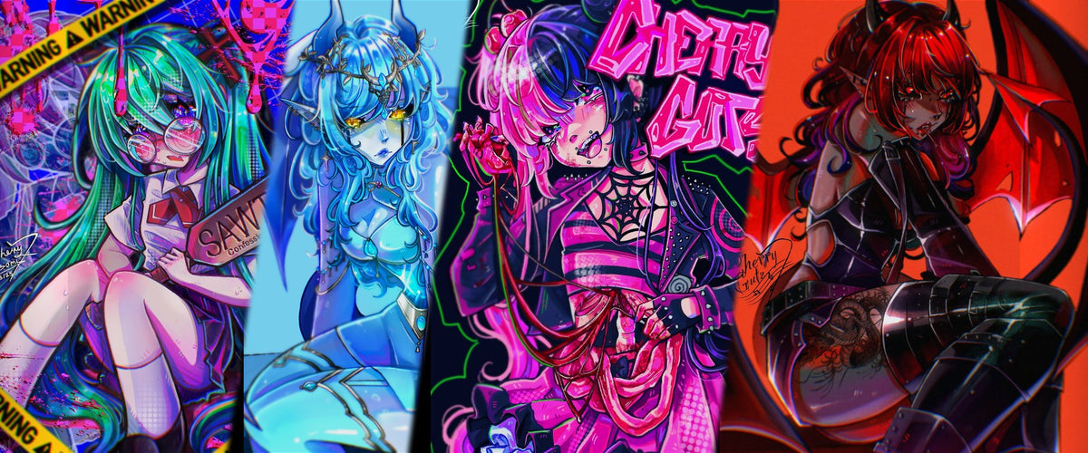Four CHERRYGUTZZZ artworks in a colorful collage without watermarks